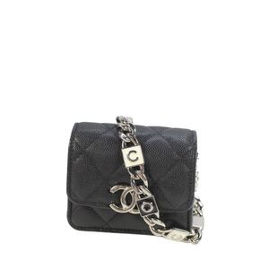 Chanel Womens CC Enamel Chain Strap Caviar Leather Mini Crossbody Handbag Black